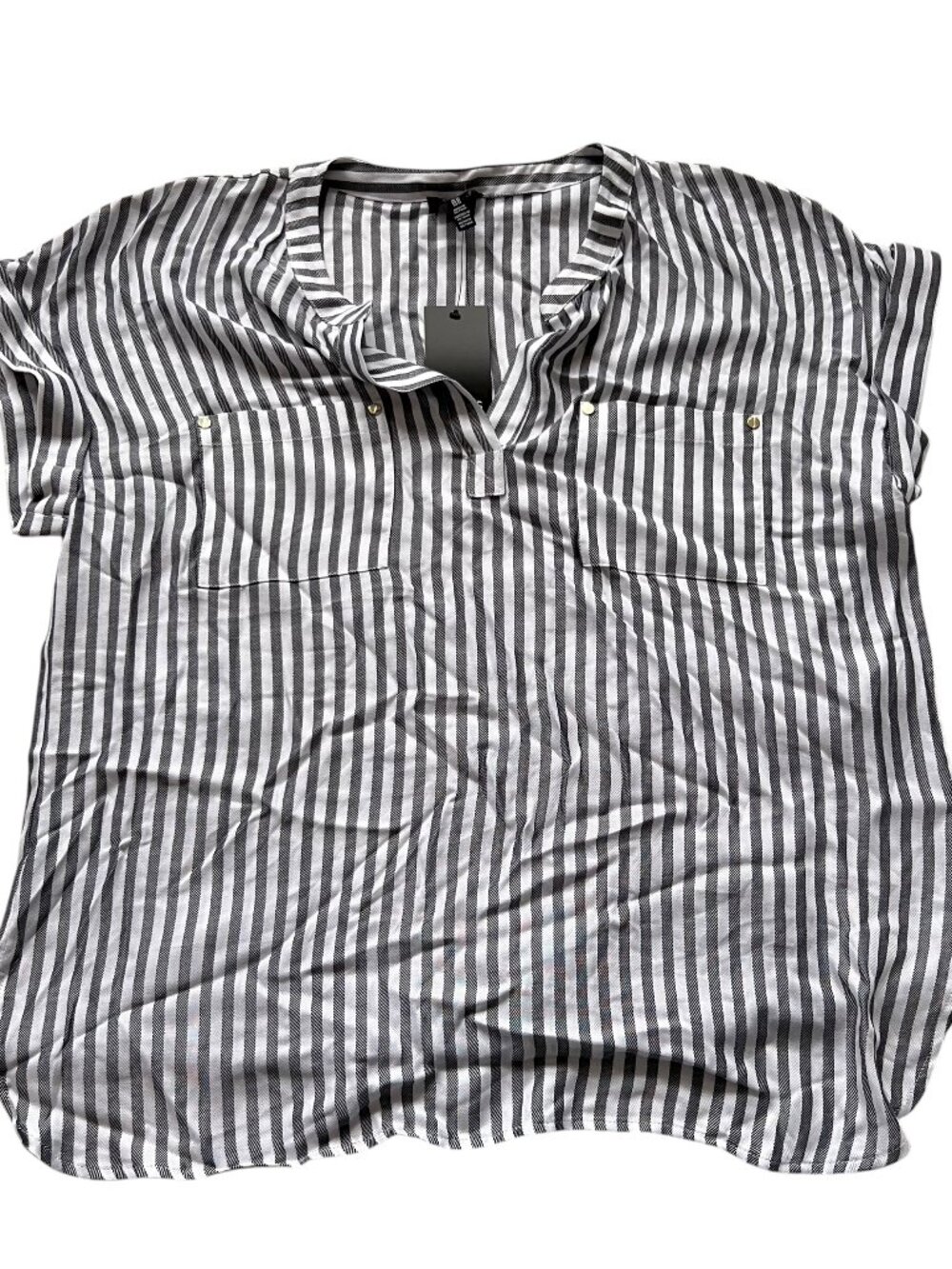 Jones New York blouse cuffed short sleeve white black stripes boxy XL top shirt